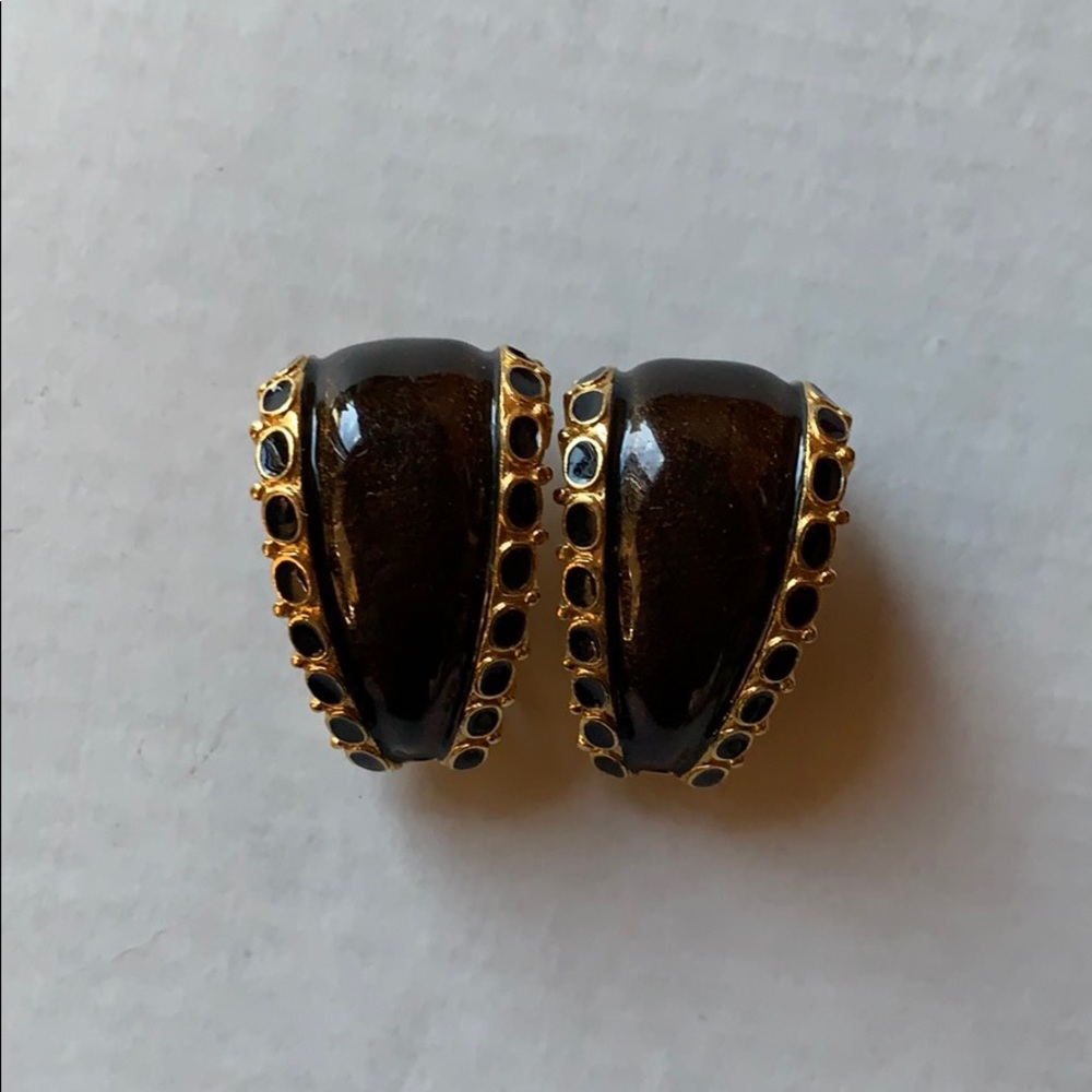 St. John vtg clip on earrings gold black brown